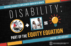 NDEAM poster with images of people sitting at table one in a wheelchair plus sign with two people looking over a document equal sign lightbulb. Poster reads, National Disability Employment Awareness Month, Disability: Part of the Equity Equation #NDEAM dol.gov/odep