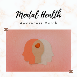 A white and pink marbled background with an image of two heads laid on top of one another with a heart in the middle of the brain area. The image states, Mental Health Awareness Month