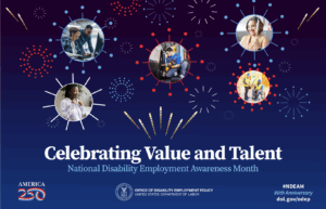 The poster is rectangular in shape with a dark blue background and an array of red, white and blue graphical fireworks of different sizes. Five of these fireworks frame photos of people with different disabilities working in various environments. Below the images, the words “Celebrating Value and Talent, National Disability Employment Awareness Month” appear. Across the bottom are a logo that says, “America 250,” the DOL seal followed by the words “Office of Disability Employment Policy, United States Department of Labor,” and the hashtag #NDEAM on top of the words “80th Anniversary” and the website address dol.gov/odep.